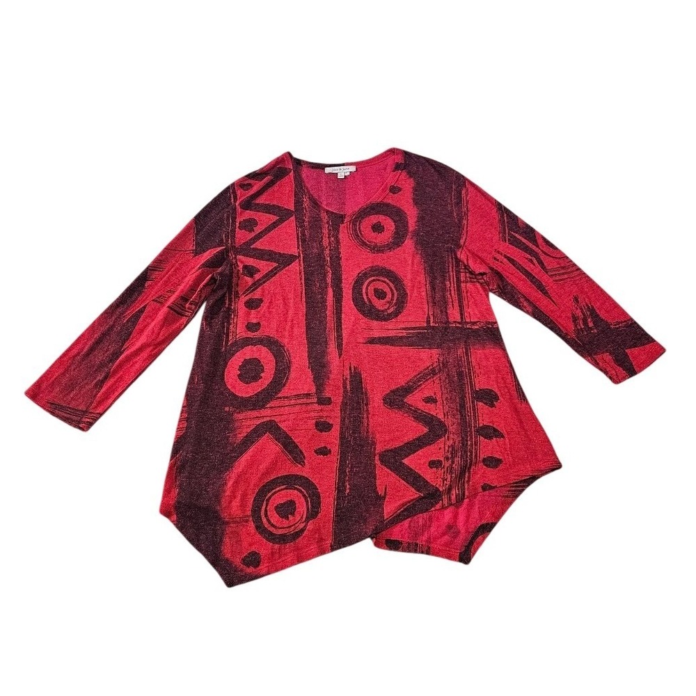 Jess & Jane Women Red Black Abstract Geometric Sharkbite Hem Tunic Top Large